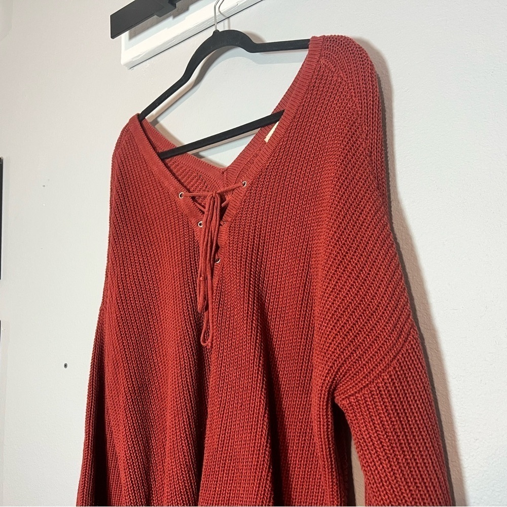 Altar’d State Lace Up Rust Orange Sweater Size Small Oversized High Low V-Neck